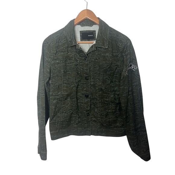 Hurley Cotton Camo Canvas Green Jacket Embroidered Logo Women’s Juniors Sz M - Picture 1 of 12